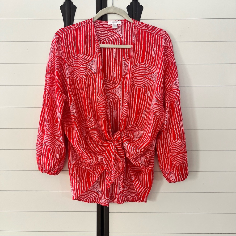 Nordstrom Rack Red & White Patterned Beach Cover Up Kimono Cardigan Large